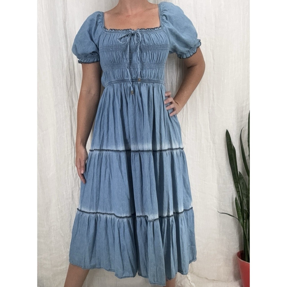 Tiered Puff Sleeve Smocked Milkmaid Dress S Peasant Country Cowgirl Chambray Tie